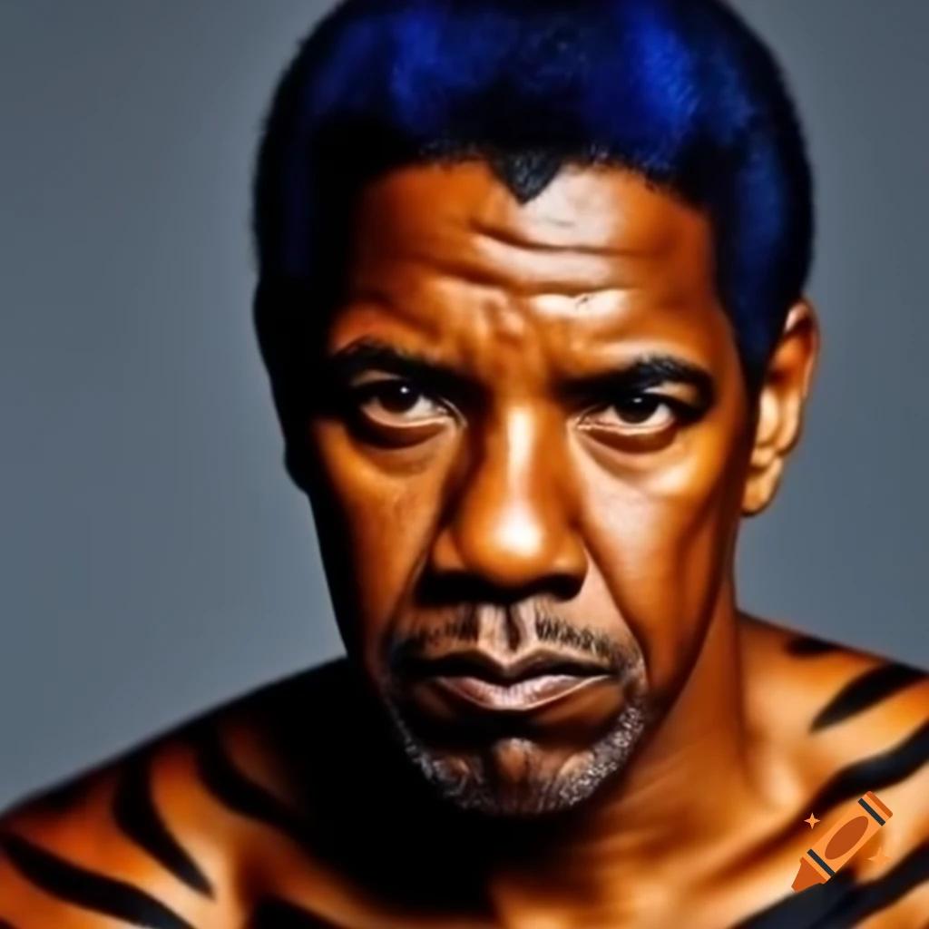 Muscular figure with tiger-style makeup and blue hair, featuring orange skin and black stripes