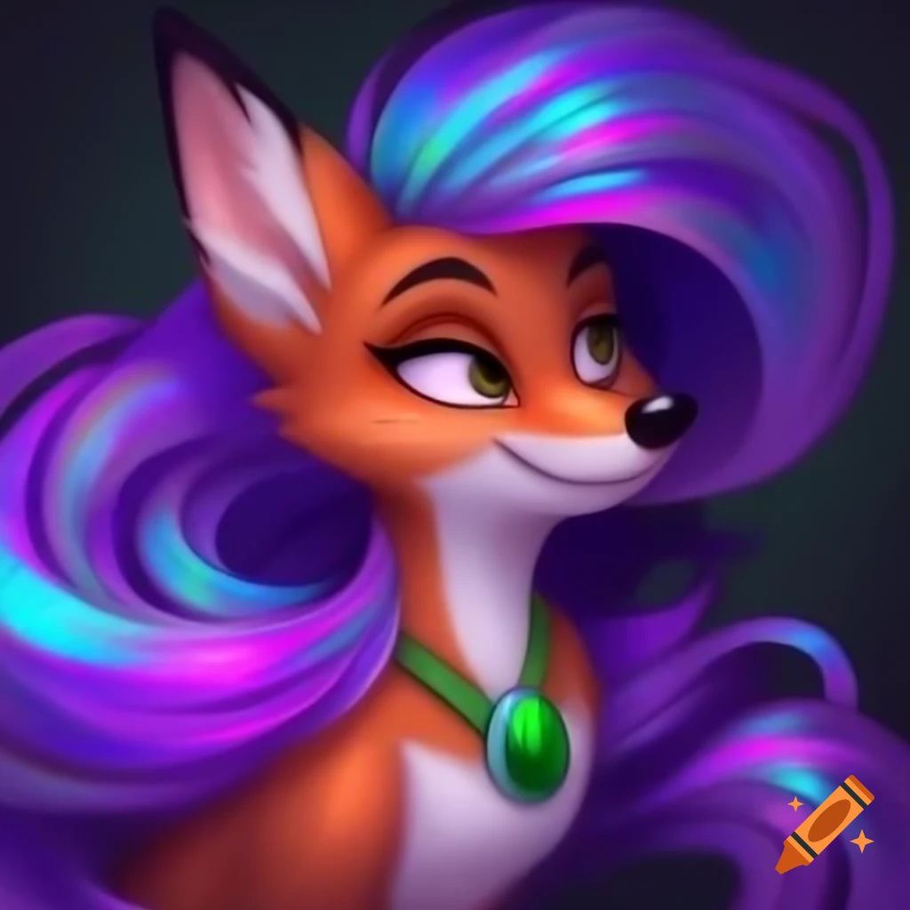 Charming Disney-style fox with iridescent purple and emerald-haired features