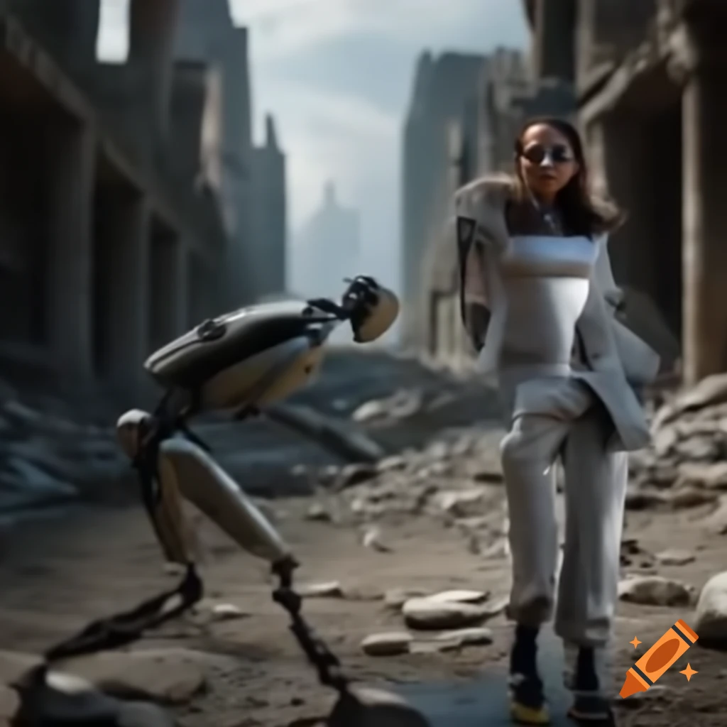 Young woman in silver jumpsuit and robot exploring ruins of a dead city