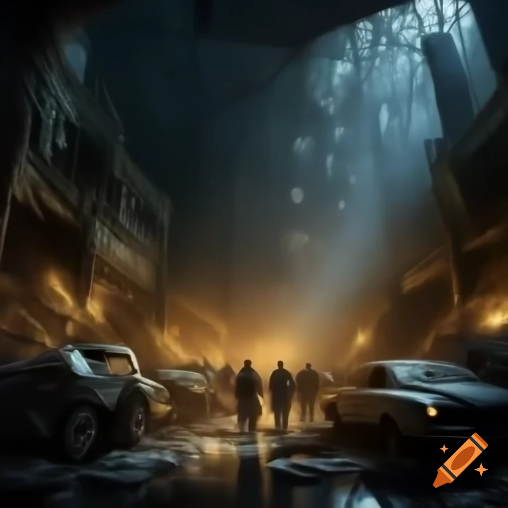 Ethereal apparitions in a haunted junkyard under a dark night sky