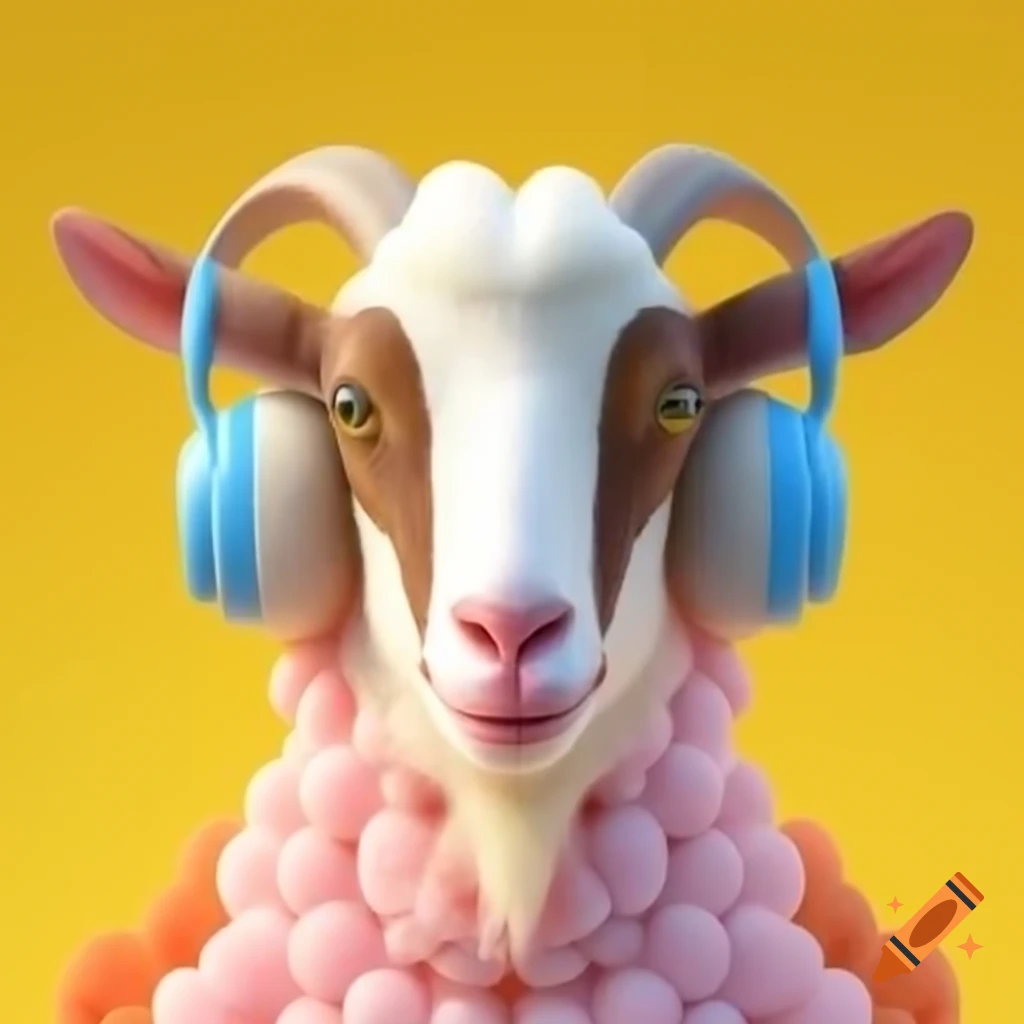 Colorful goat wearing headphones