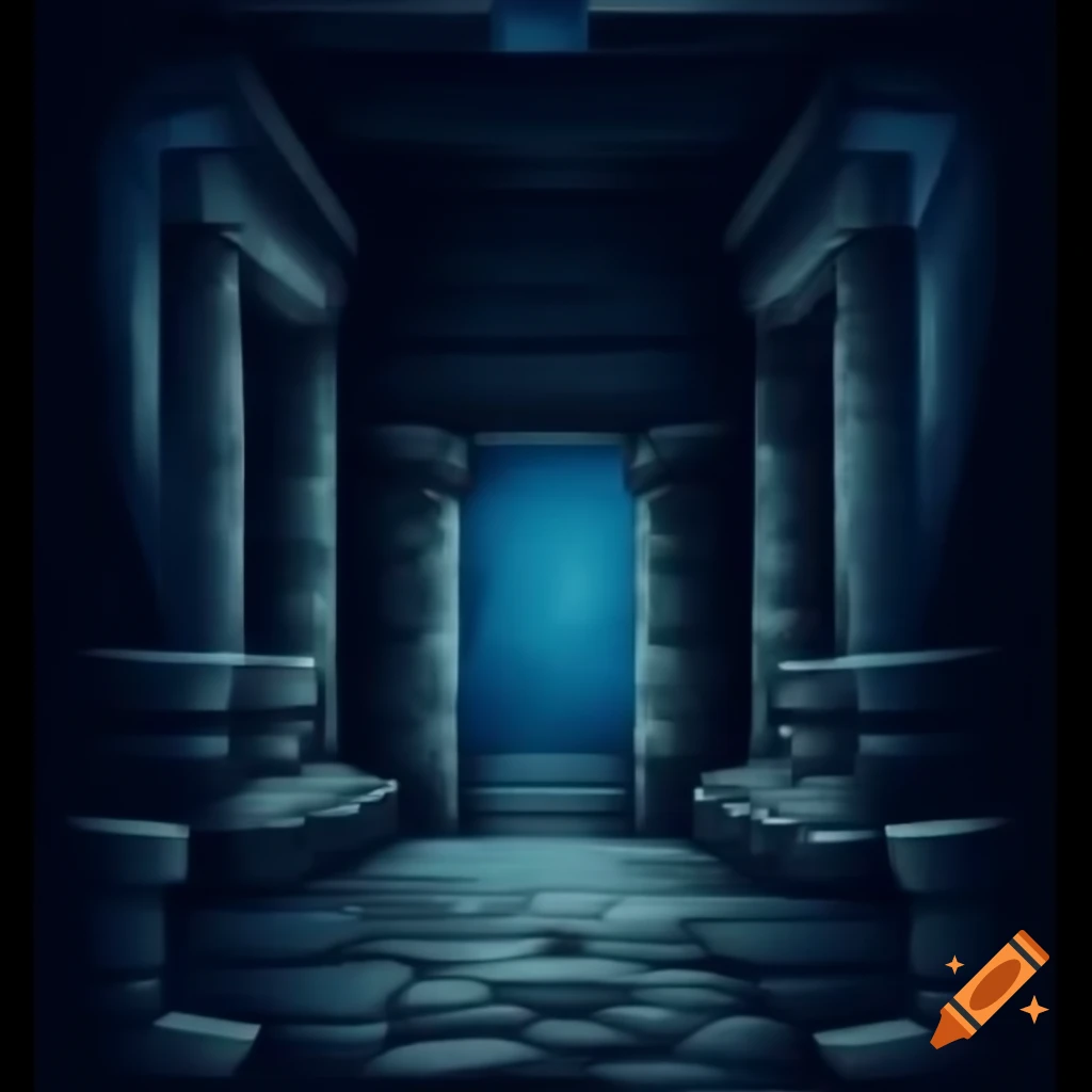 Interior of ancient stone hallway with dim blue lighting and skulls