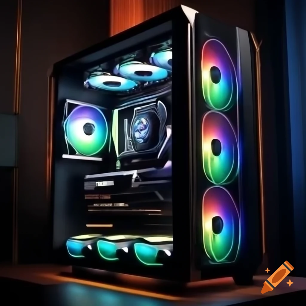 Sleek modern gaming PC with RGB lights and premium metallic design against luxurious background