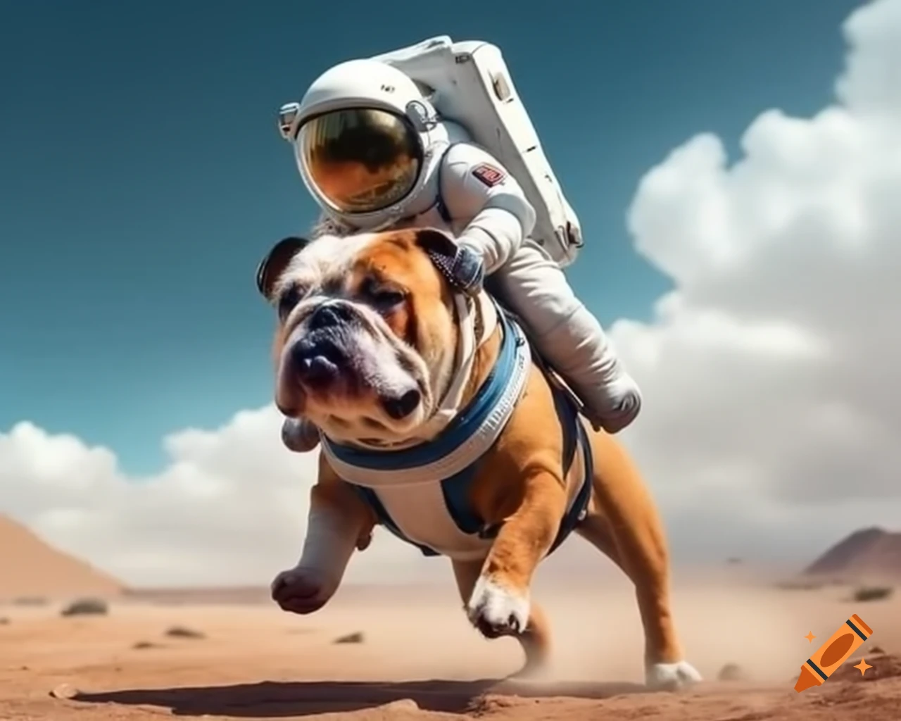 Astronaut riding a large bulldog