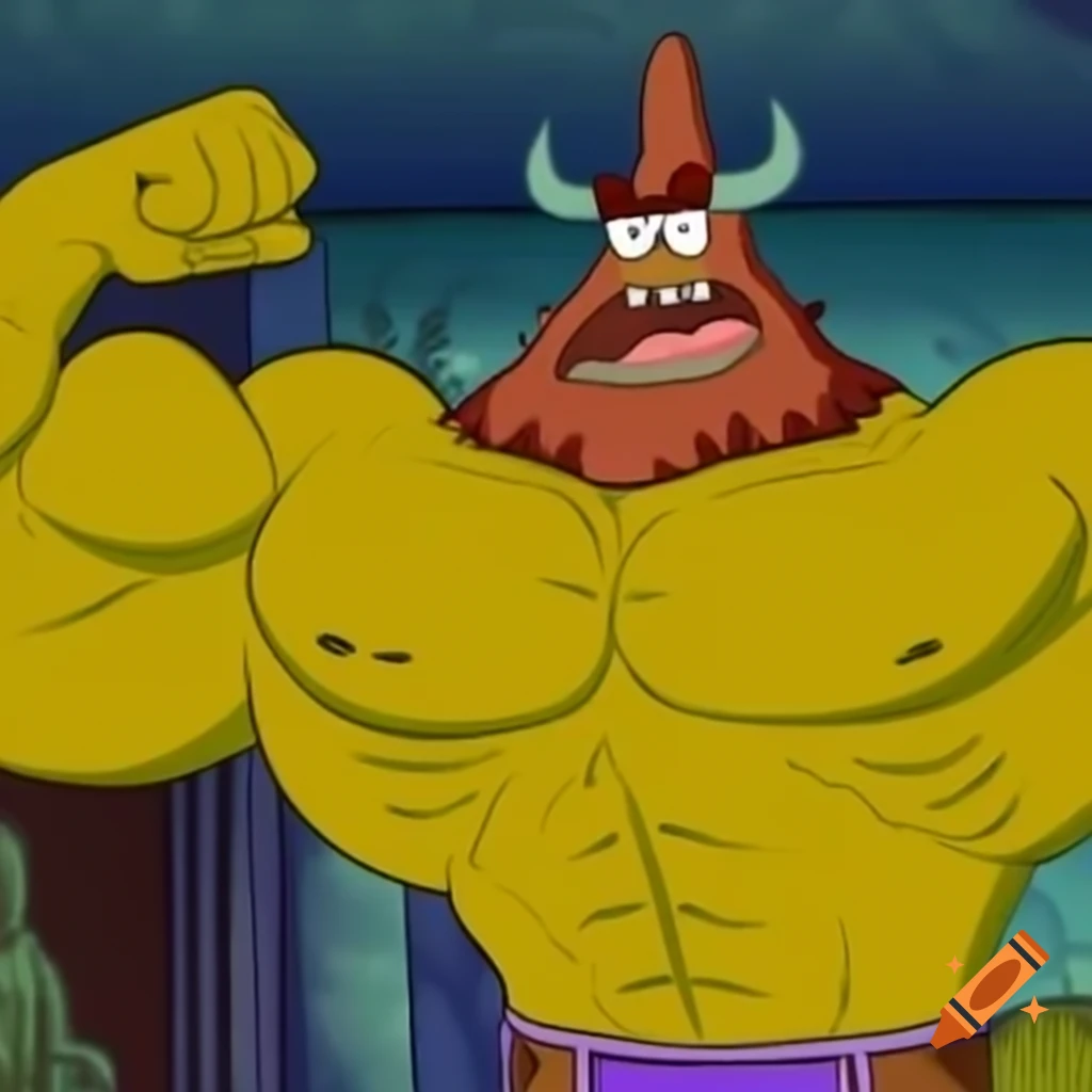 SpongeBob SquarePants depicted with big muscles and a large beard in ultra HD realism