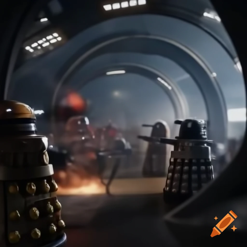 Chancellery Guards fighting Daleks in futuristic interior with explosions
