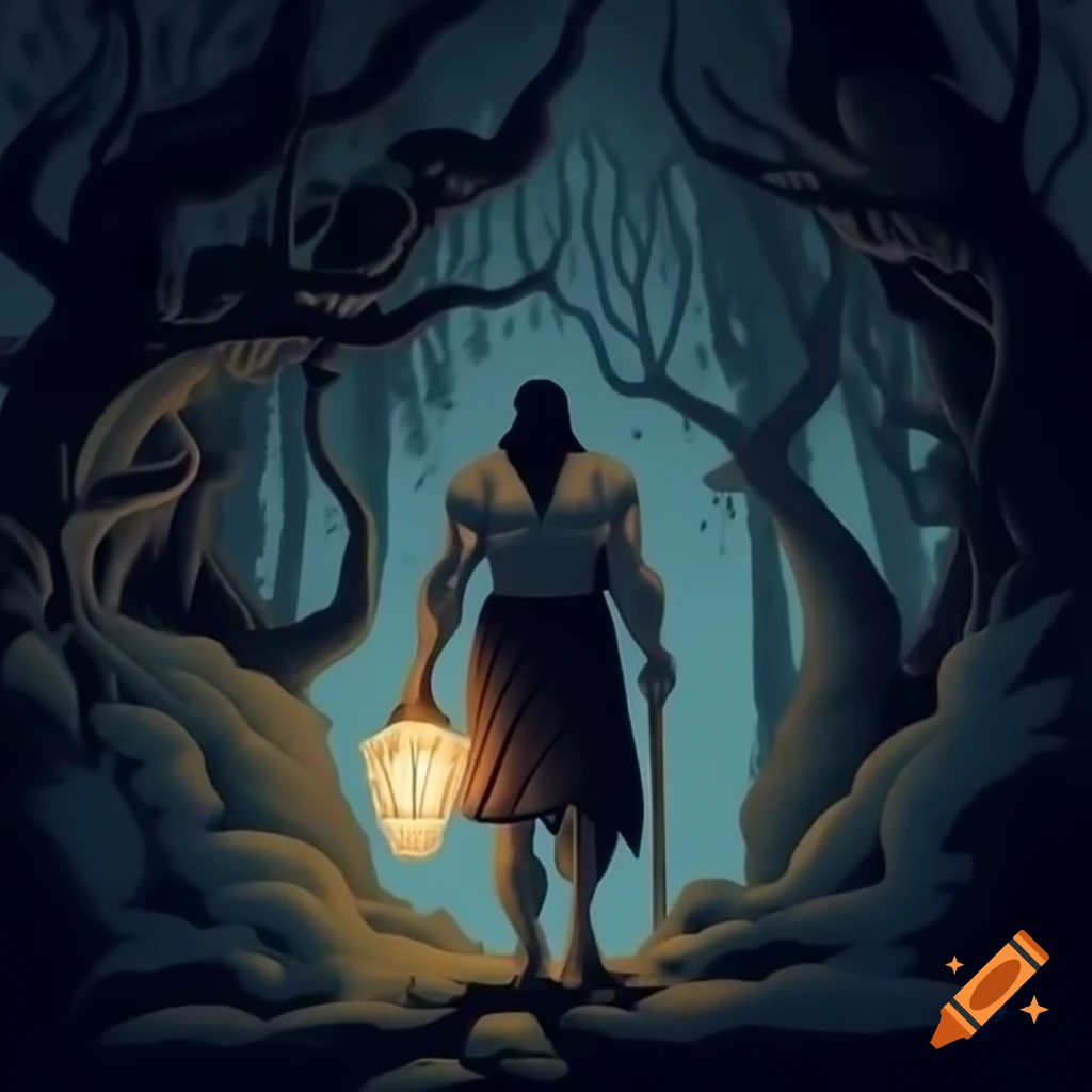 Hercules in dark fantasy setting walking through shadowy forest with lantern and sword