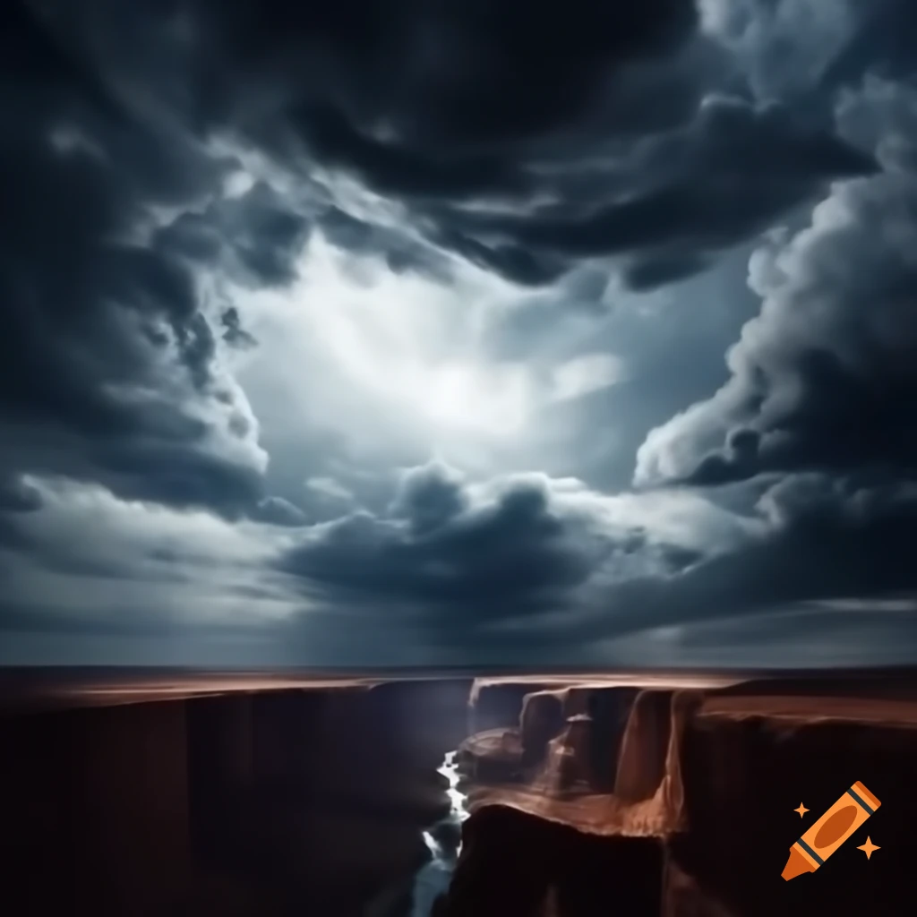 Chaotic grey sky with light illuminating canyon river