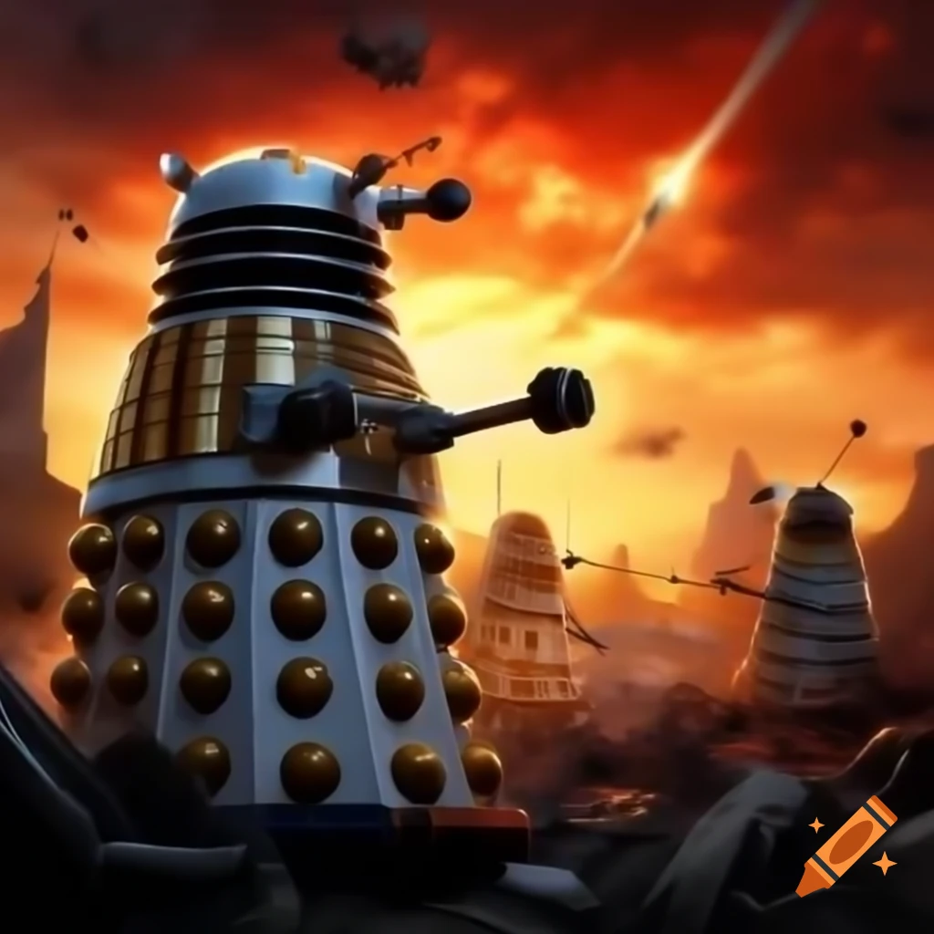 Gallifreyan forces battling Daleks in the Chancellery under burnt orange sky
