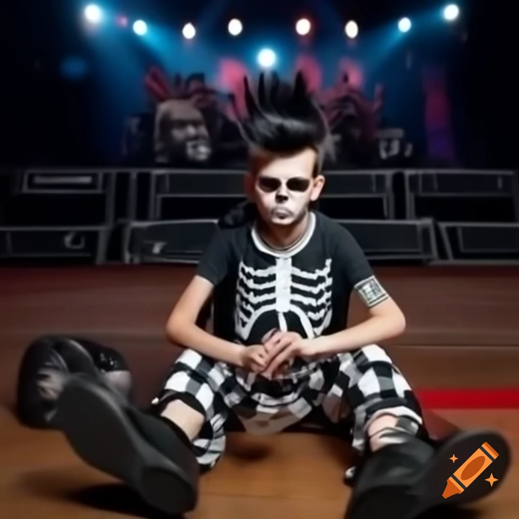Punk rock kid with skull face and mohawk dancing in mosh pit at ska concert