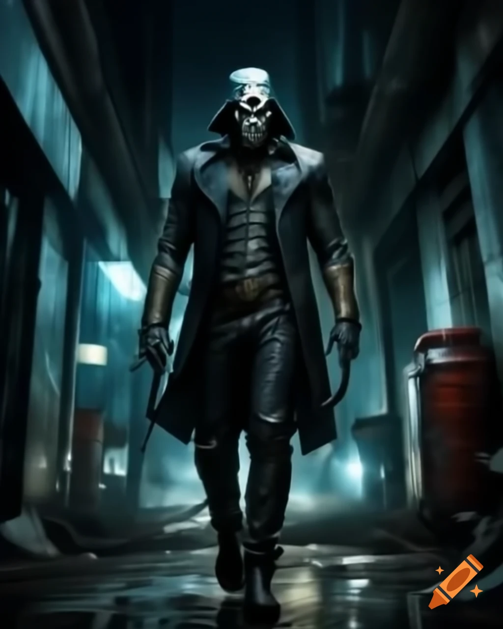 Tall masked villain in body armor with goggles in city alley at night