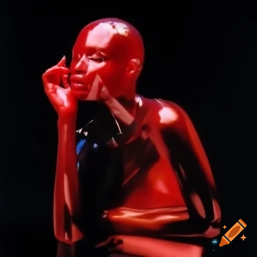 Iridescent red glass statue in pop surreal 2000's photography style