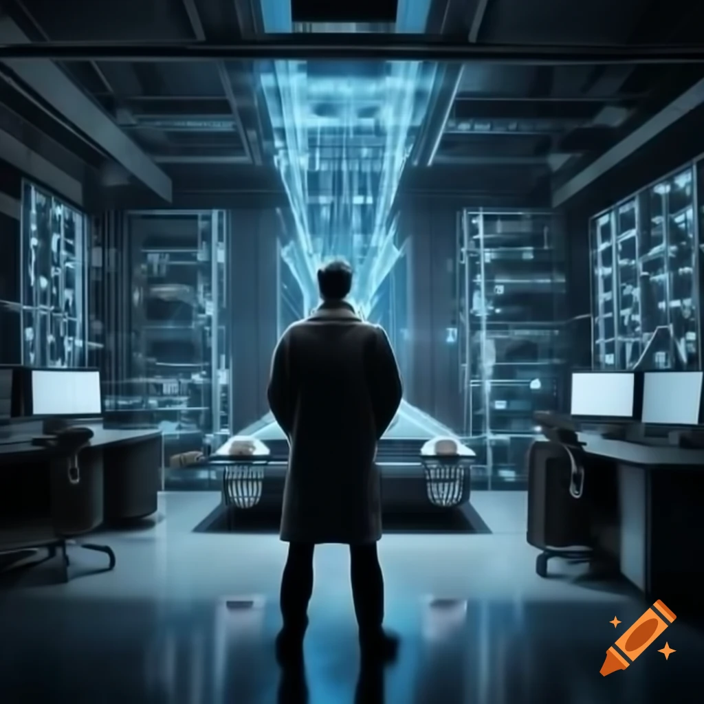 Engineer next to quantum computer in ultra-modern home