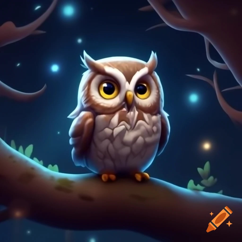 Semi-realistic drawing of an owl on a tree against a night sky