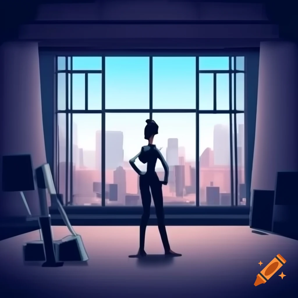 Modern studio interior with Yasmine and panoramic city skyline view