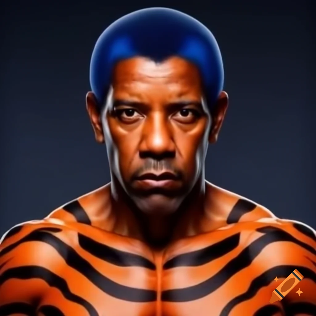 Muscular man with tiger-style makeup featuring blue hair and orange skin