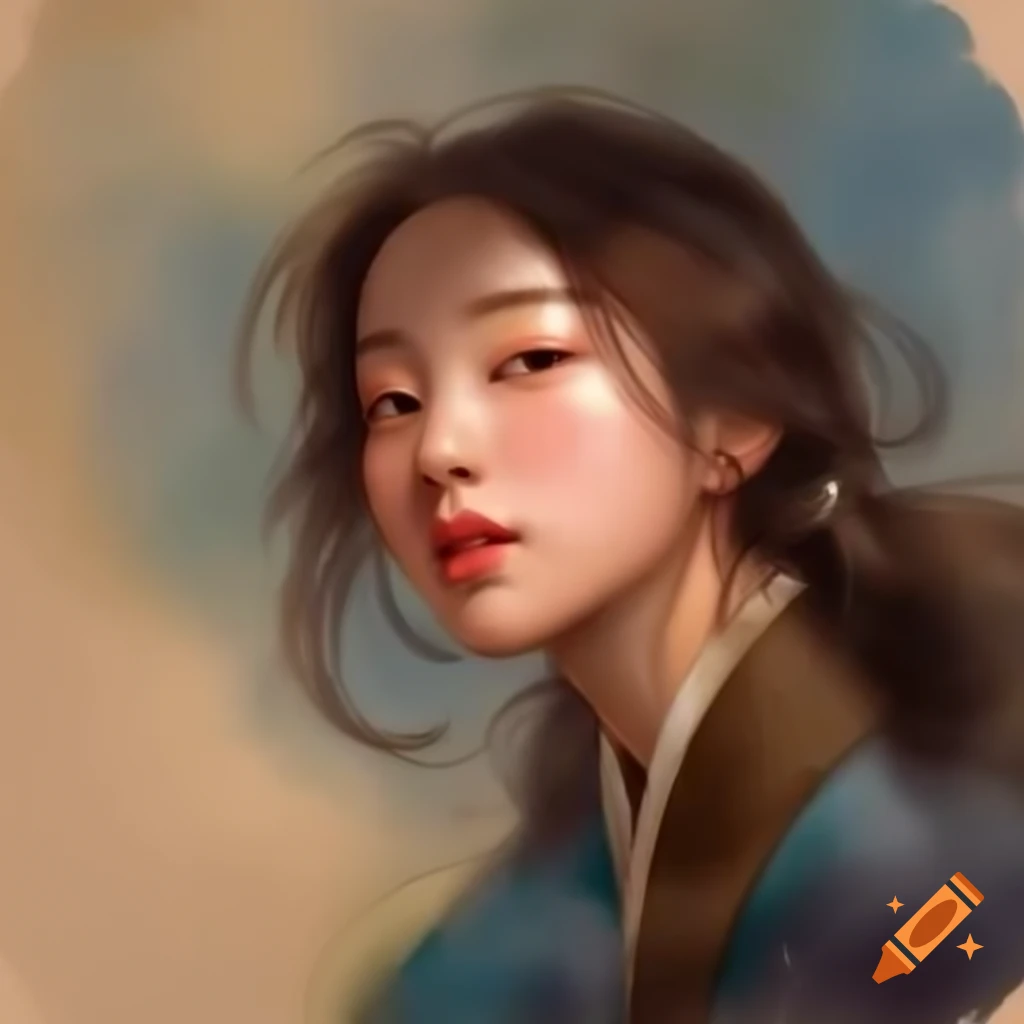 Detailed digital portrait of a charming Korean woman in watercolor style