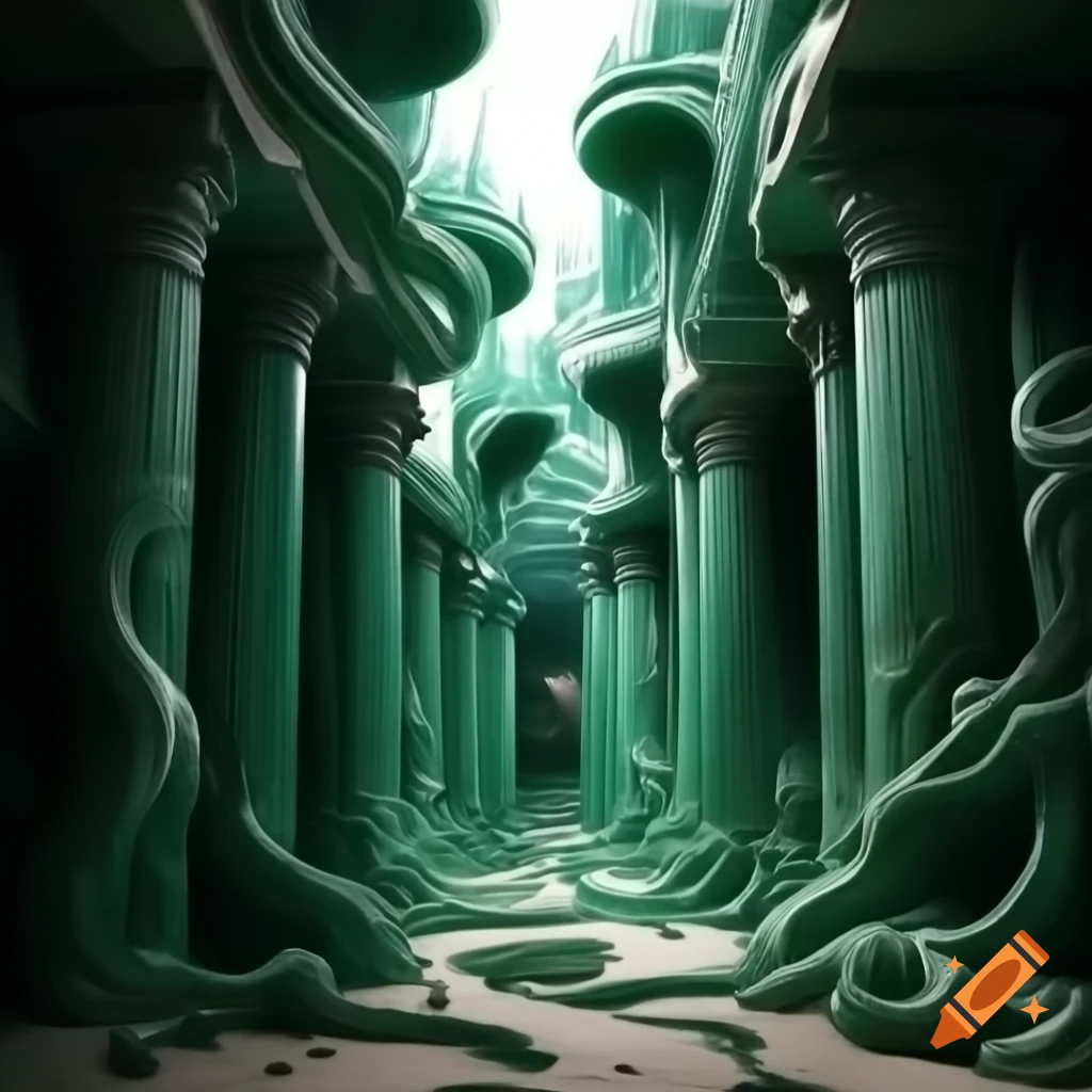 Intricate cityscape with malachite pillars and caryatid columns