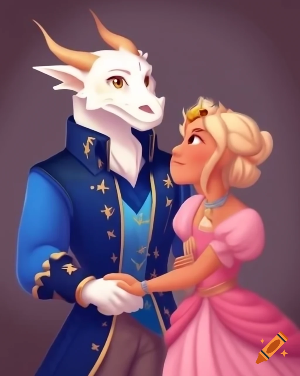 White dragon aristocrat in blue attire shaking hands with royal woman in pink dress