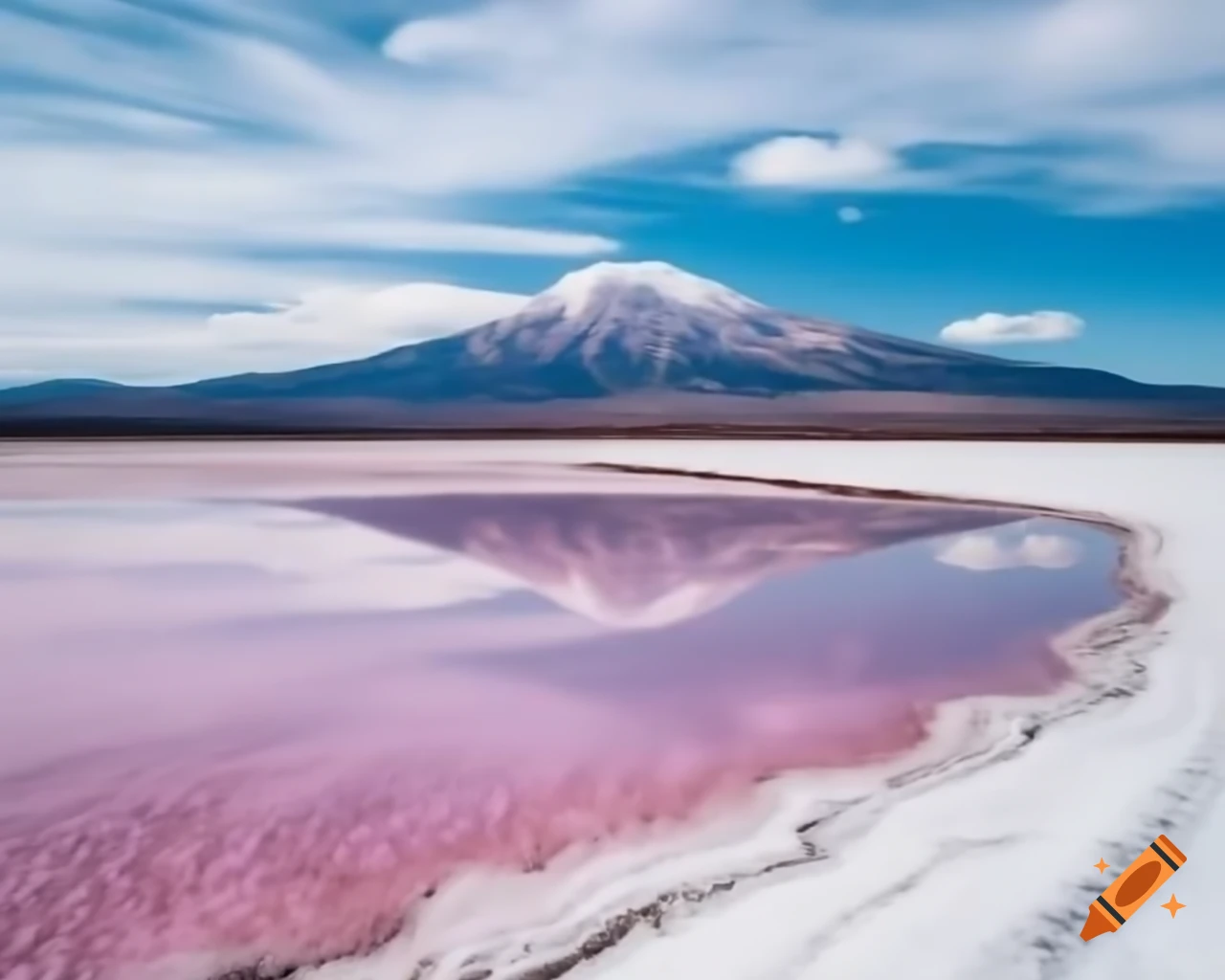 Snow-covered mountains surrounding salt delta with trees featuring purple and pink leaves