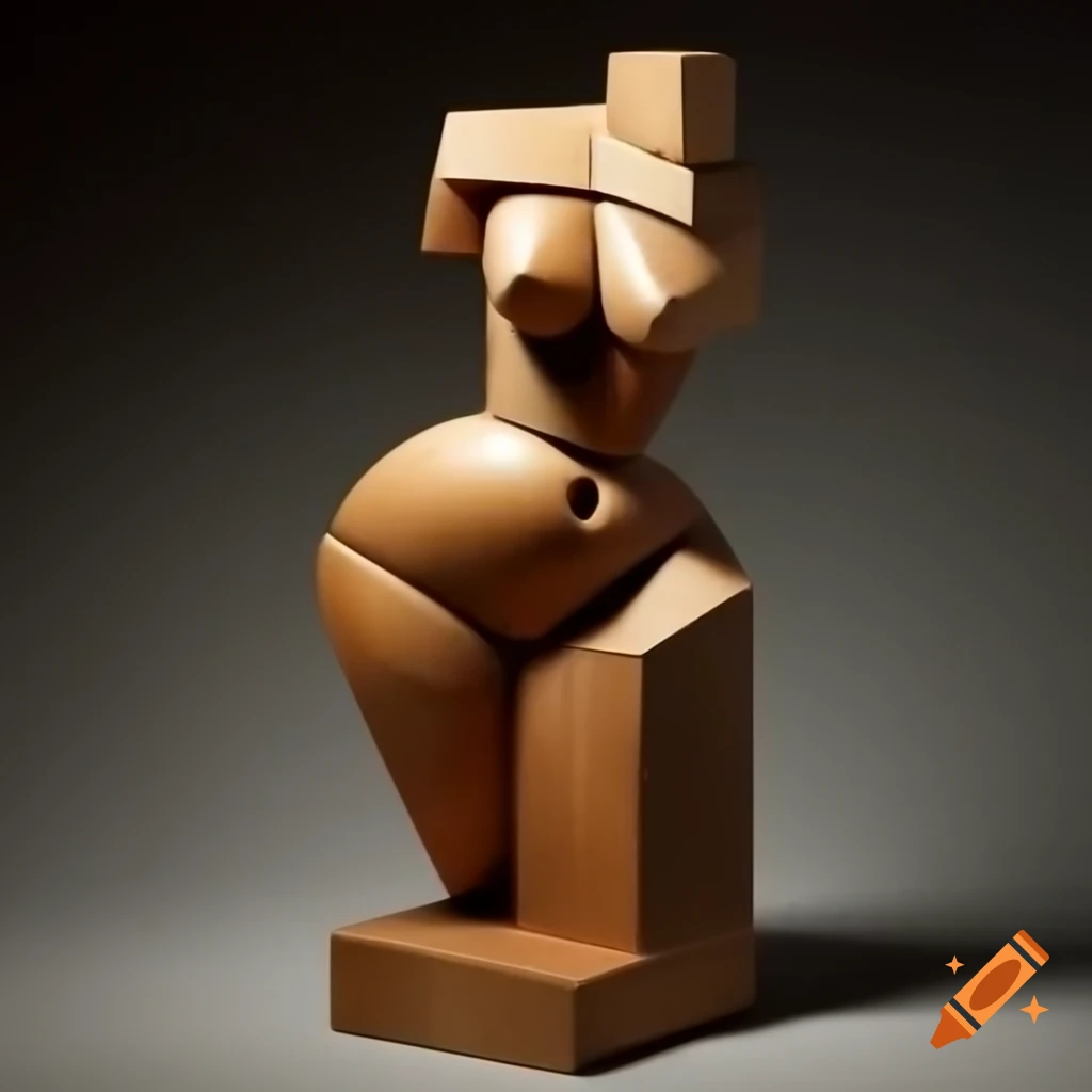 Cubist sculpture of a female figure crafted from painted wood