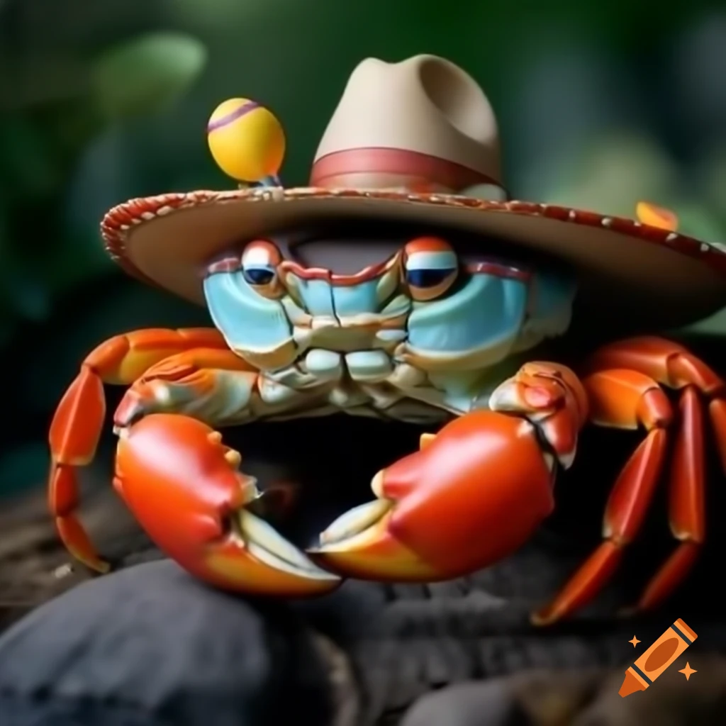 Realistic crab wearing sombrero and holding maracas