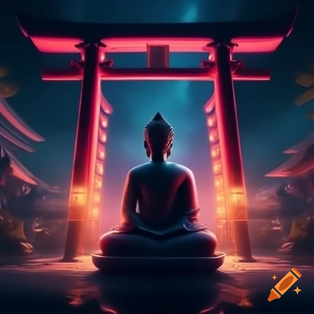 Buddha statue under torii gate with neon lights