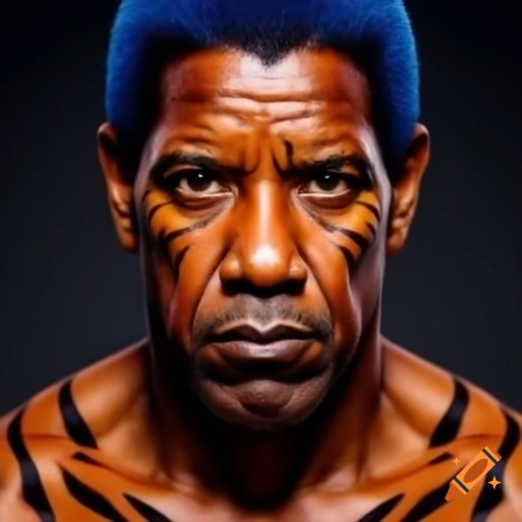 Muscular figure resembling Denzel Washington with tiger makeup and colorful features