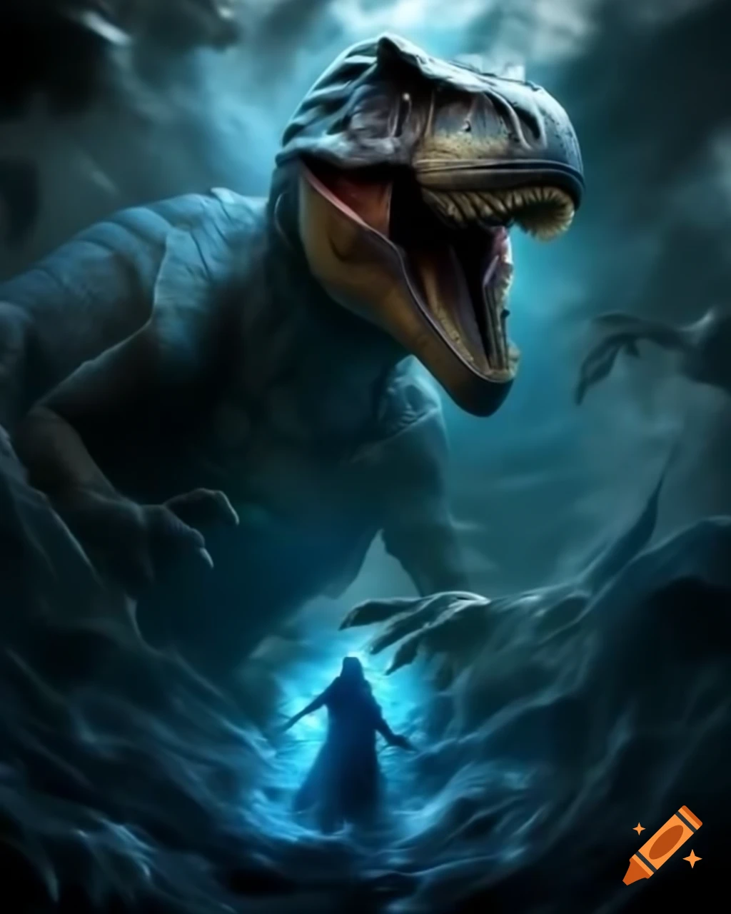 Futurist with holographic display of Tyrannosaurus Rex in hand