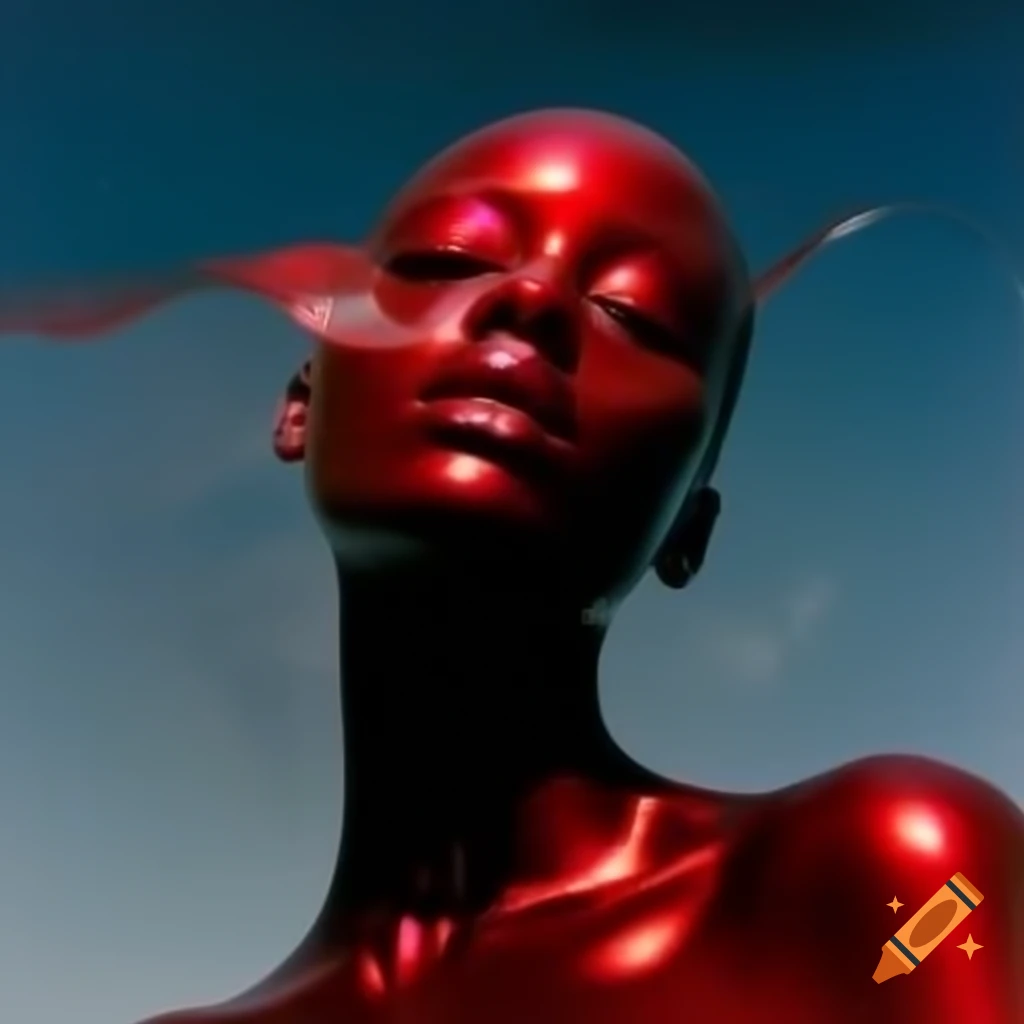 Pop surreal photography featuring iridescent red glass statue