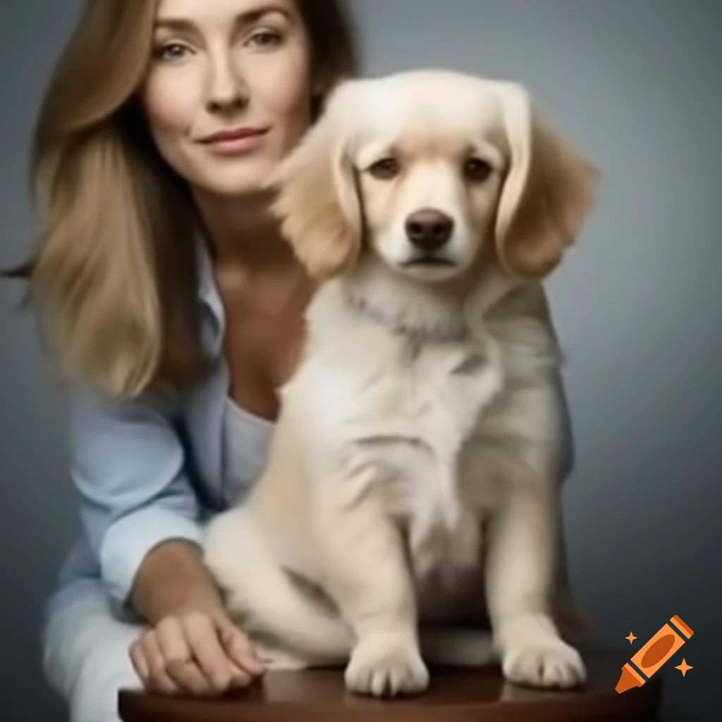 Malshi dog sitting on blonde woman's lap