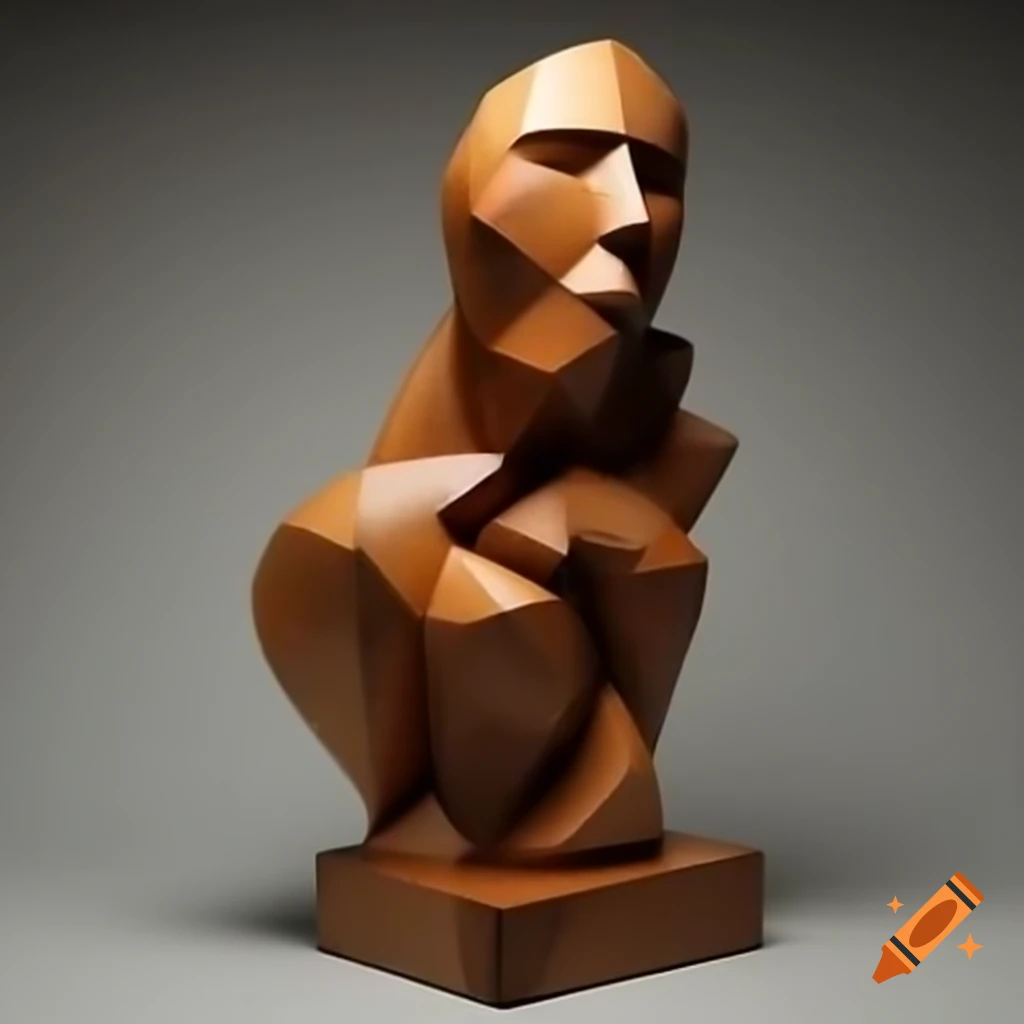 Cubist sculpture of a female figure crafted from rough painted wood