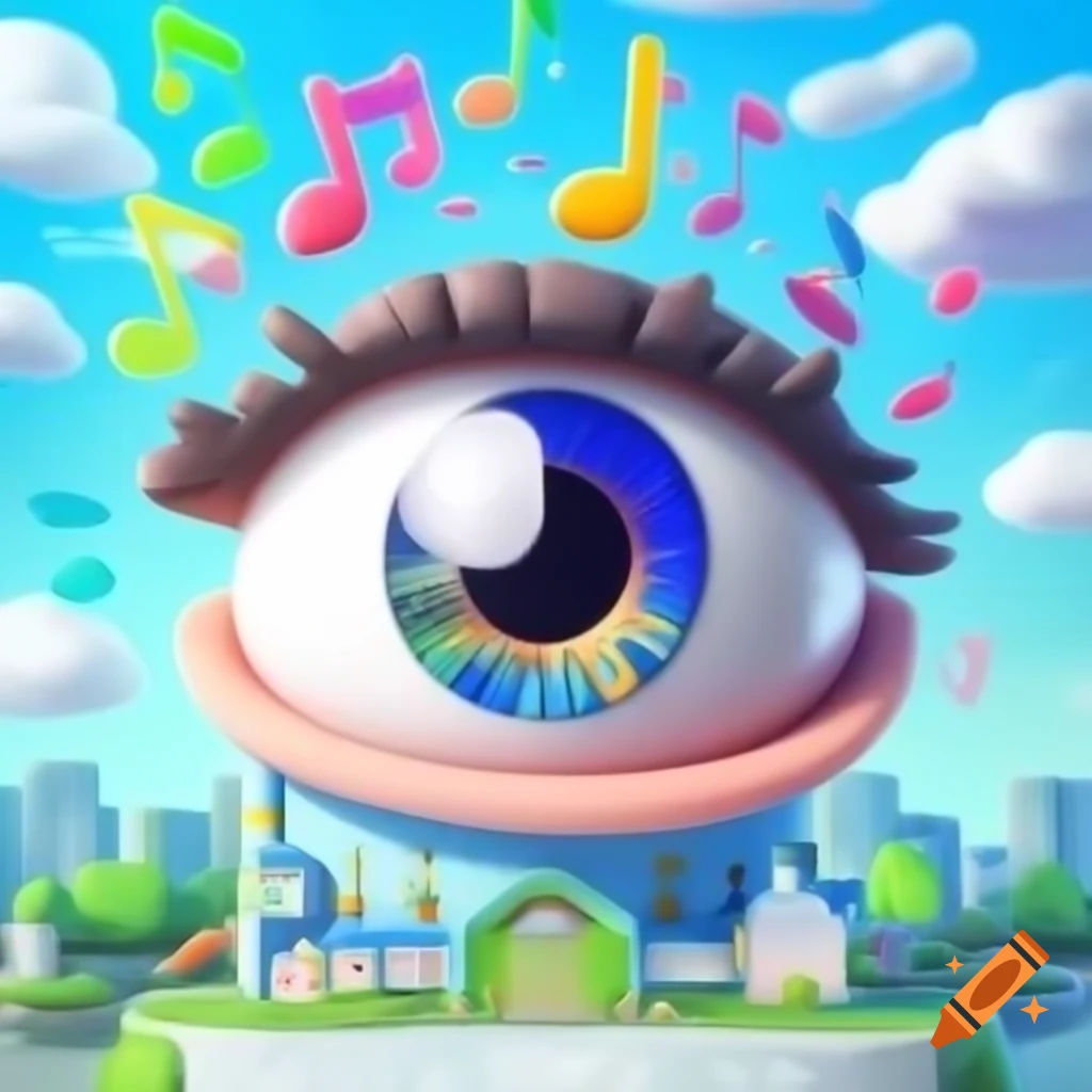 Cartoon cityscape seen through fisheye lens with colorful music notes