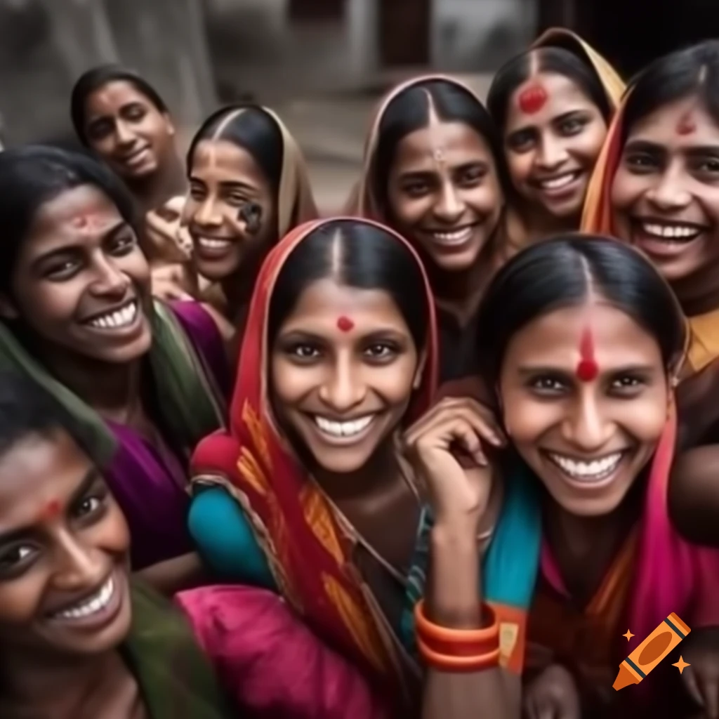 Group of happy young Indian women in colorful saris seated in rural setting