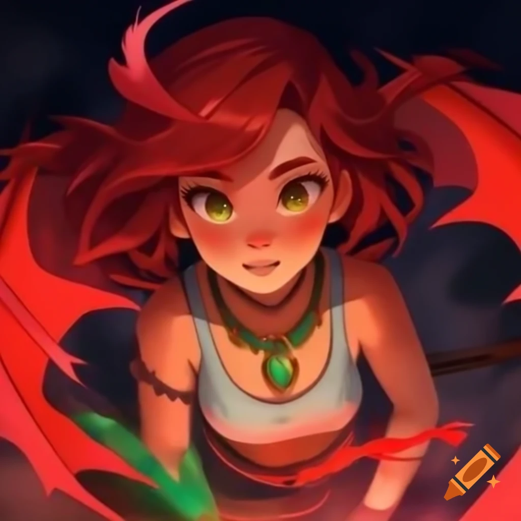 Adventurous young woman with red-brown hair and dragon-shaped necklace