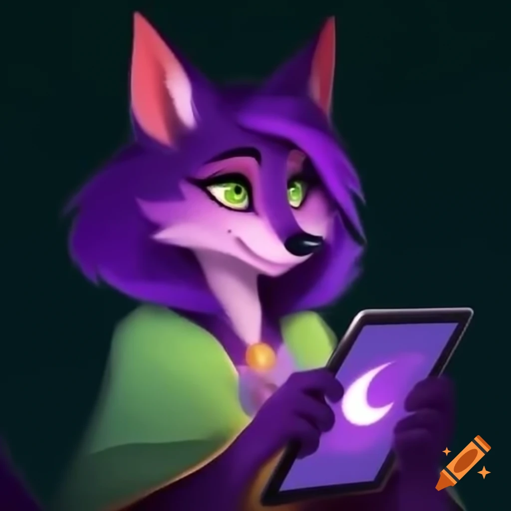 Whimsical purple and green-haired wolf with tablet, displaying astonishment