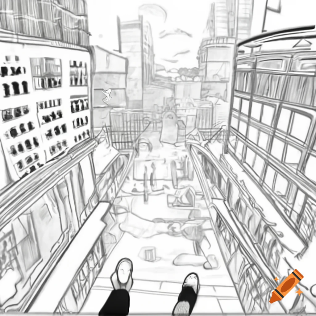 Doodle-style city view from mall terrace in first-person perspective