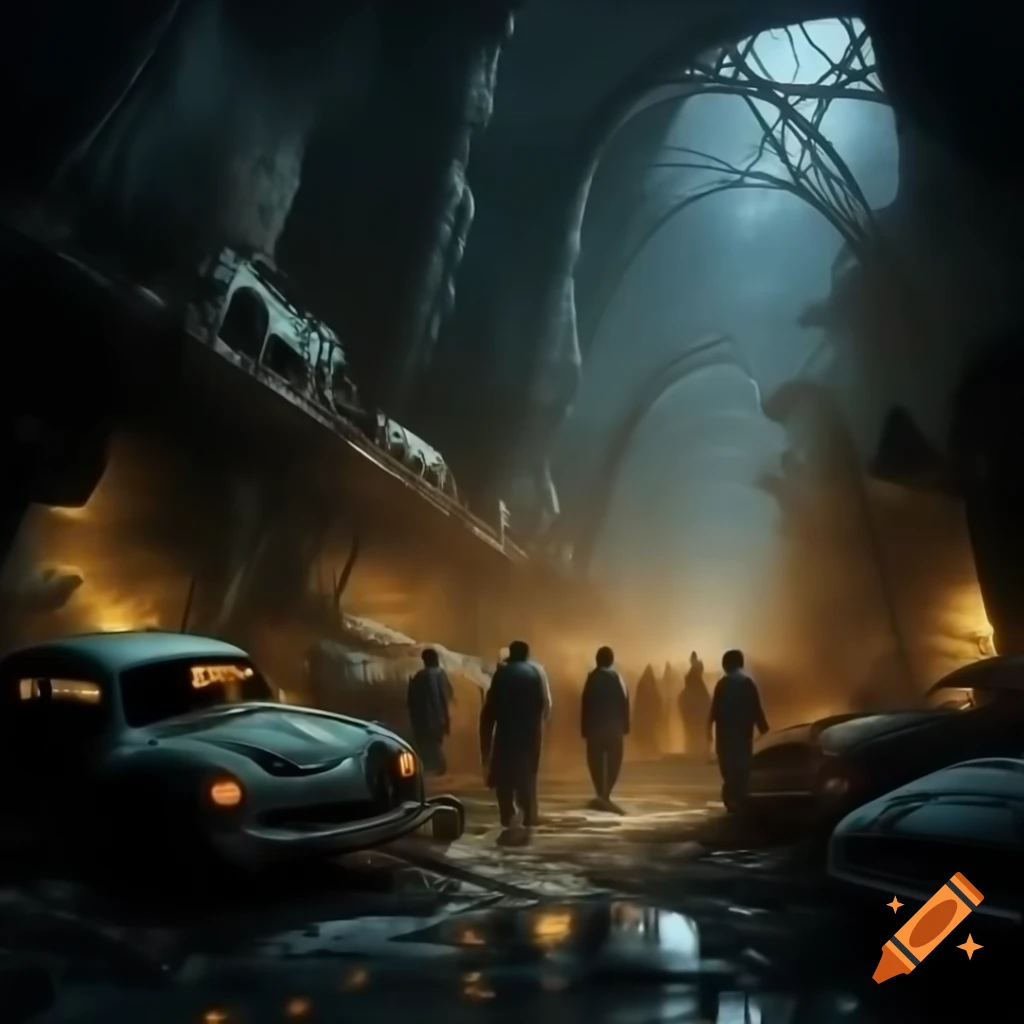Ethereal apparitions in a haunted junkyard under a dark night sky