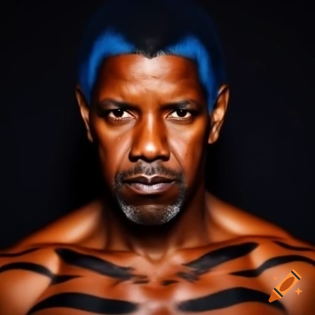 Muscular man with tiger-style makeup featuring blue hair and orange skin