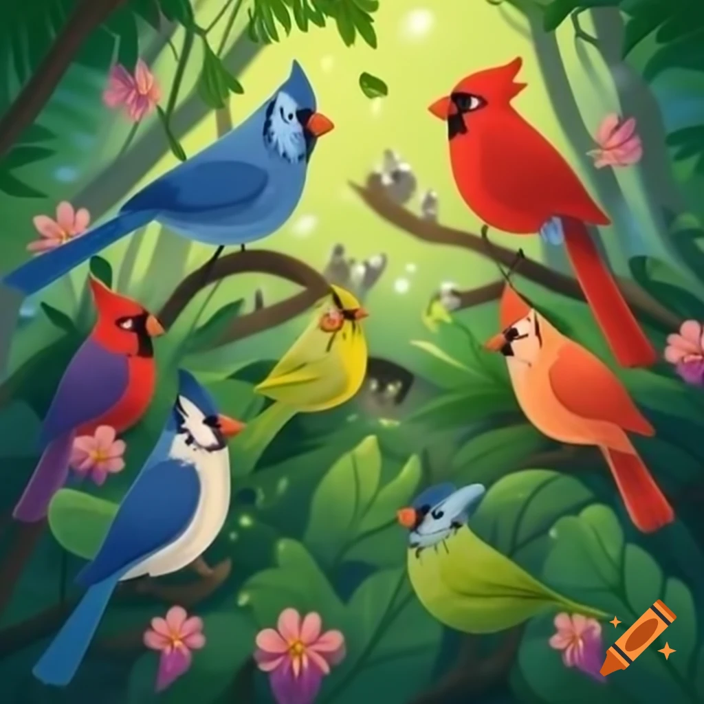 Colorful birds in vibrant forest with towering trees and blooming flowers