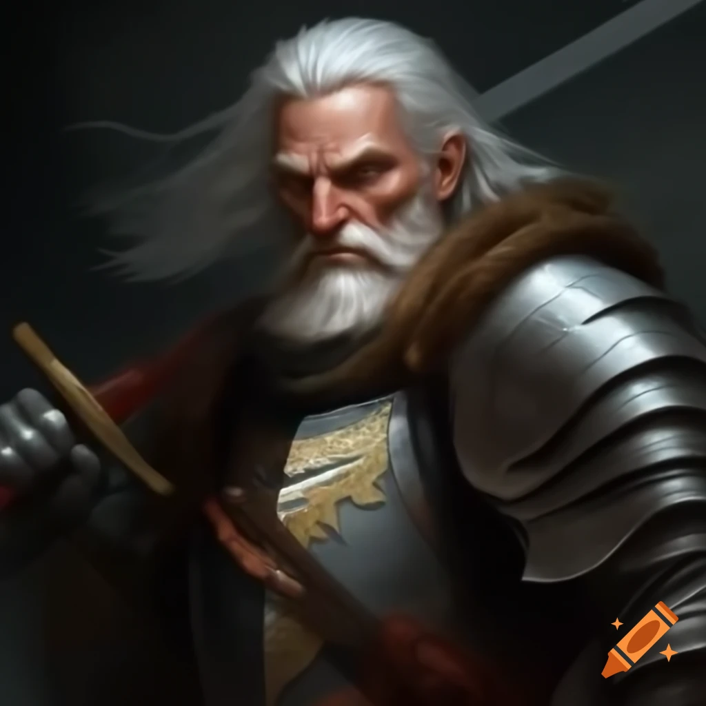 Stoic old knight with white hair wielding a longsword