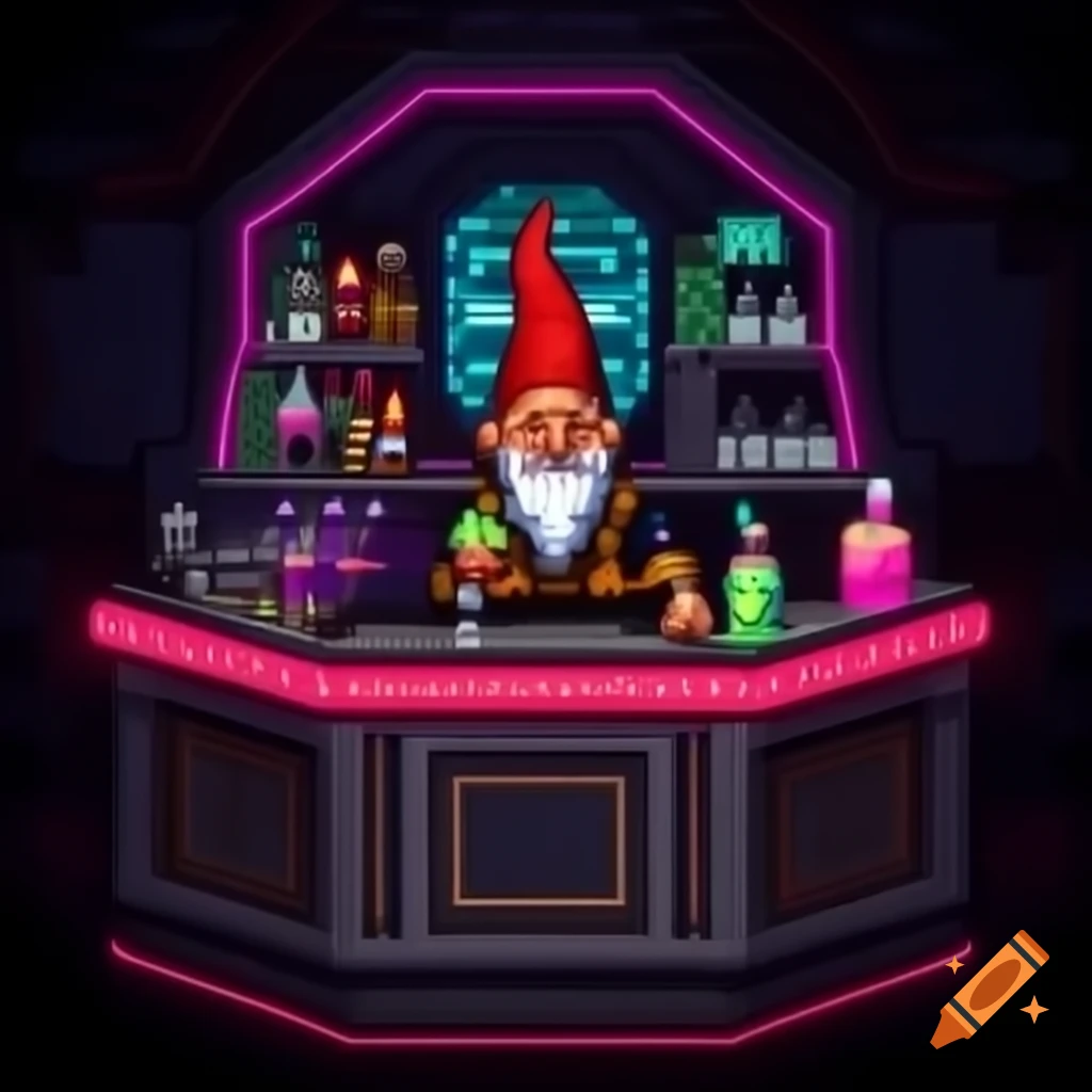 Shadowy gnome bartender mixing colorful cocktail in underground bar, pixel art style