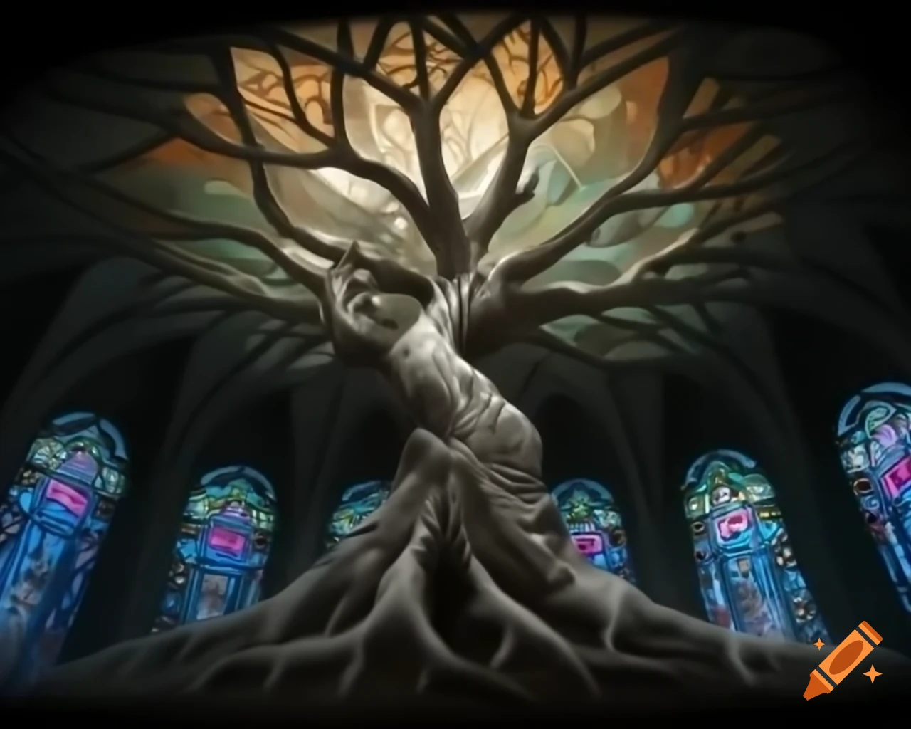Haunting tree with stained glass ceiling in Greg Rutkowski's style