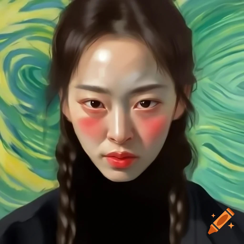 Stunning animated portrait of Korean woman in black, inspired by Van Gogh and Rembrandt