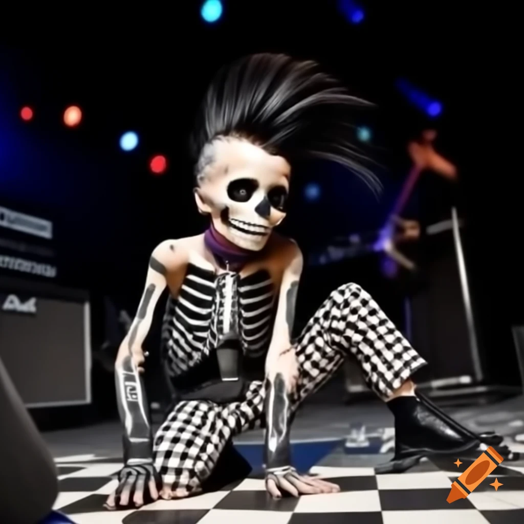 Punk rock kid with skull face and mohawk dancing in mosh pit at ska concert