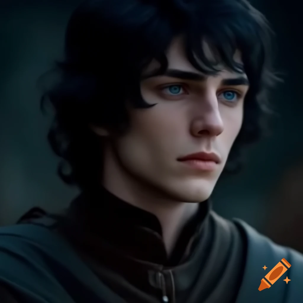 Handsome medieval prince in mourning attire with sad expression
