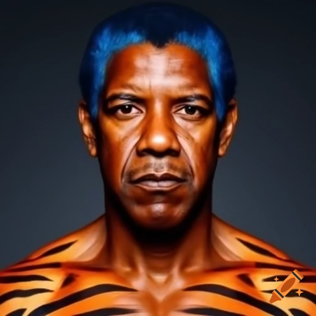 Muscular figure with tiger-style makeup featuring blue hair, orange skin, and black stripes