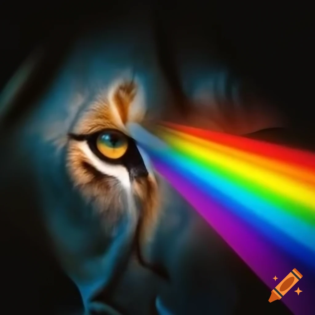 Lion's left eye capturing white light and right reflecting rainbow light with text 'prism'