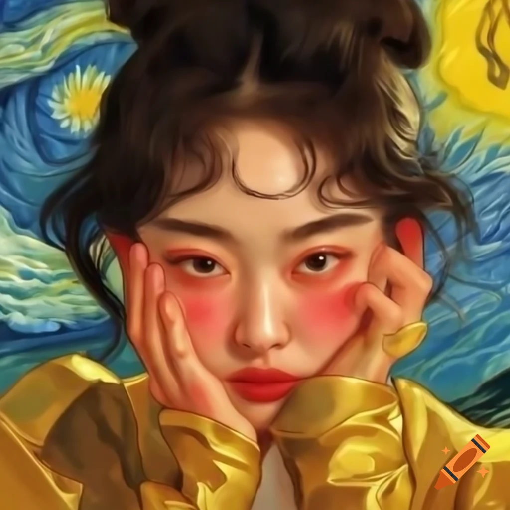 Stunning animated portrait of Korean woman in gold, Van Gogh and Rembrandt styles