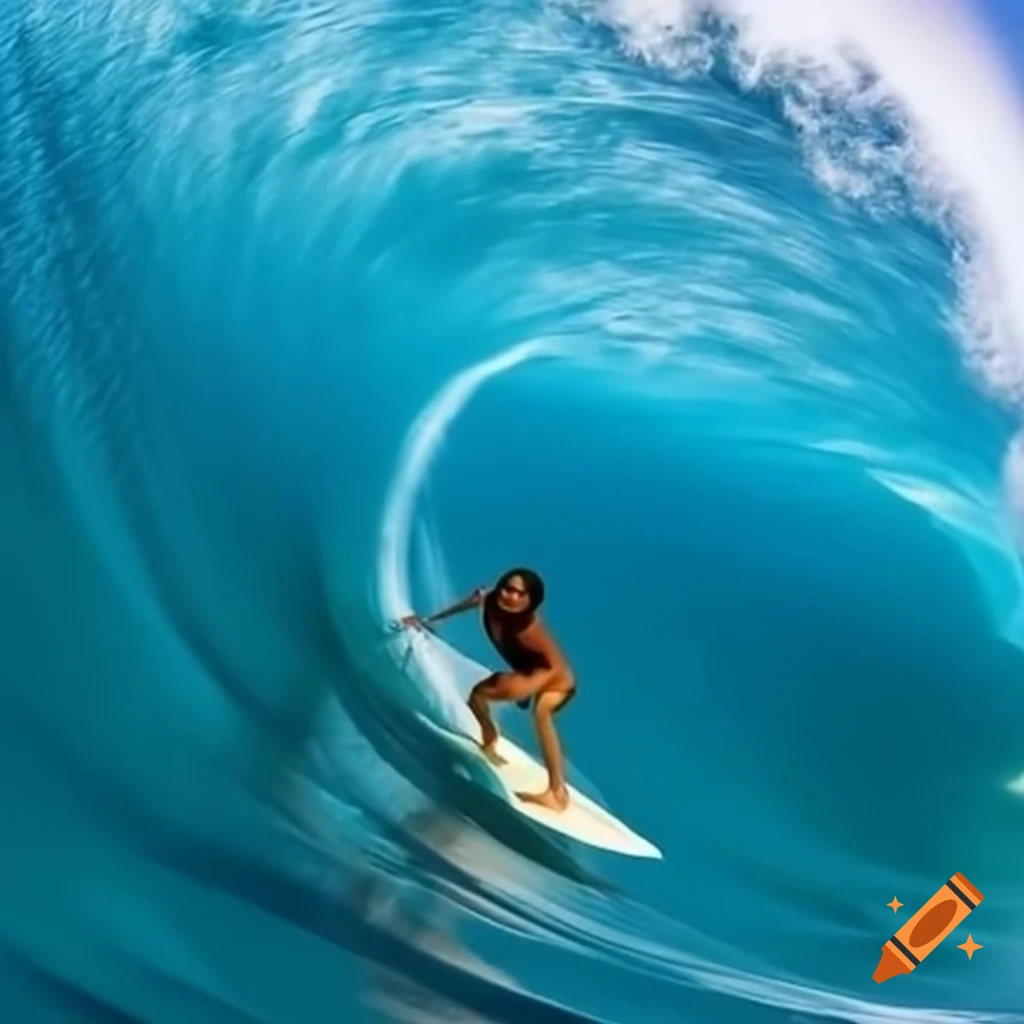 Kamala Harris surfing on a large blue wave